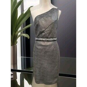 Allen B by Allen Schwartz Party Dress Size 10 Silver Shimmer Belted One Shoulder